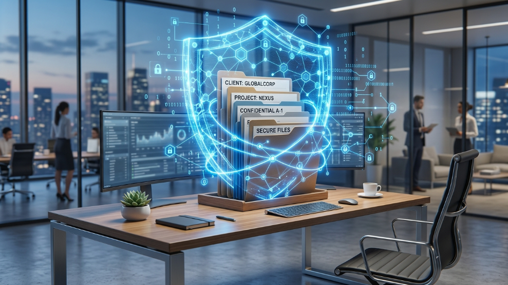 A 3D illustration of a digital shield protecting corporate client data, representing B2B agency cybersecurity.