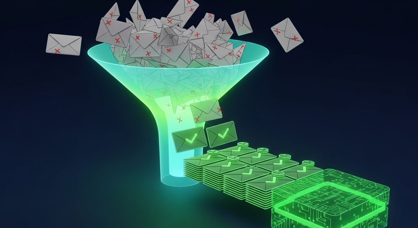A 3D illustration showing the EmailListVerify funnel process filtering clean emails for marketing campaigns.