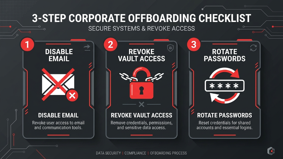 An infographic demonstrating the three critical cybersecurity steps for safely offboarding employees.