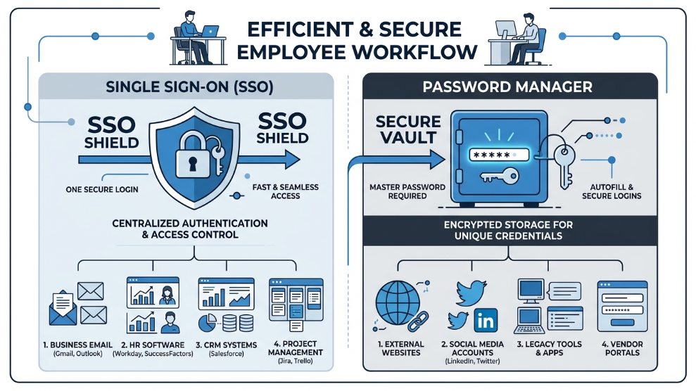 An infographic demonstrating how a Password Manager covers the software gaps that Single Sign-On (SSO) cannot protect.