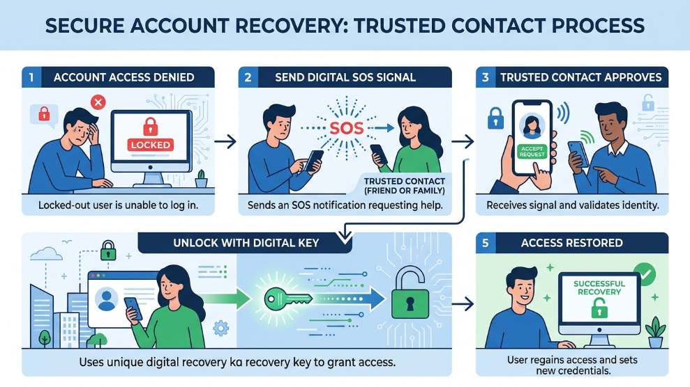 An infographic demonstrating how emergency access and trusted contacts can recover a forgotten master password.