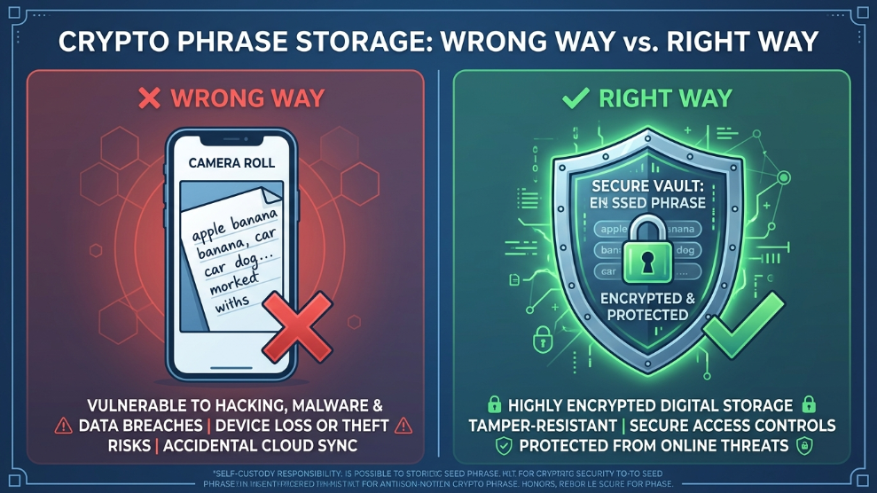 An infographic demonstrating the dangers of storing cryptocurrency seed phrases in a smartphone camera roll versus an encrypted digital vault.