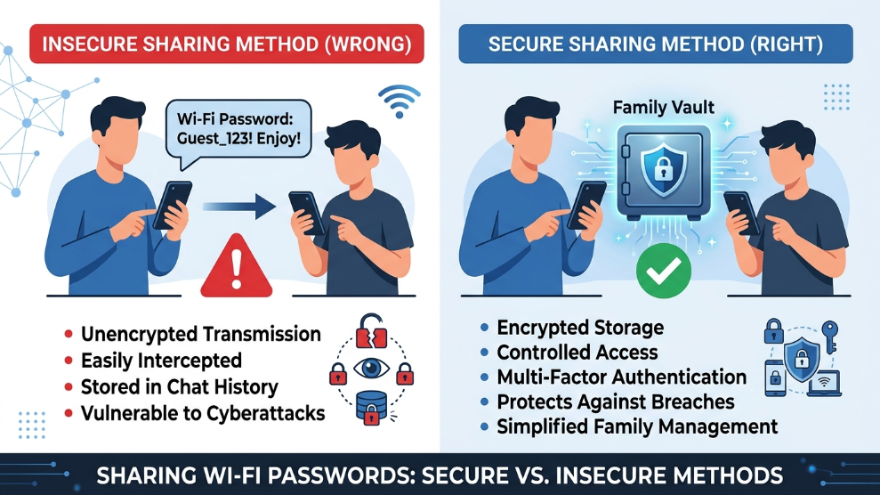 An infographic demonstrating the dangers of texting passwords versus using a secure family digital vault.