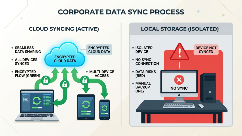 An infographic demonstrating the cross-device syncing advantages of cloud storage versus the isolation of local storage.