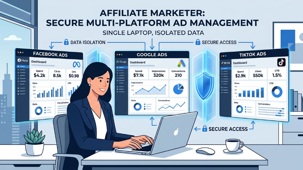 An infographic demonstrating how an affiliate marketer manages multiple ad accounts safely using an anti-detect browser.