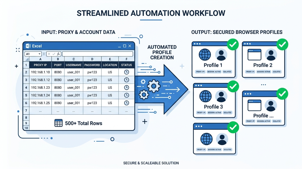 An infographic demonstrating AdsPower's bulk account import and secure proxy integration capabilities.