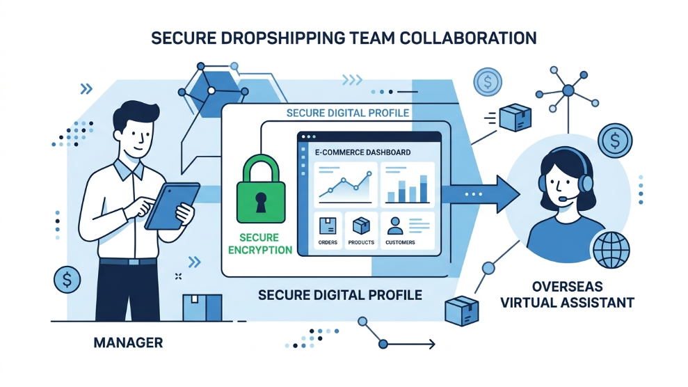 An infographic demonstrating secure profile sharing and team collaboration within the MoreLogin browser.