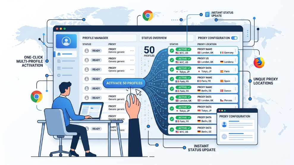 An infographic demonstrating the mass profile management and proxy status tracking in the Dolphin Anty browser.