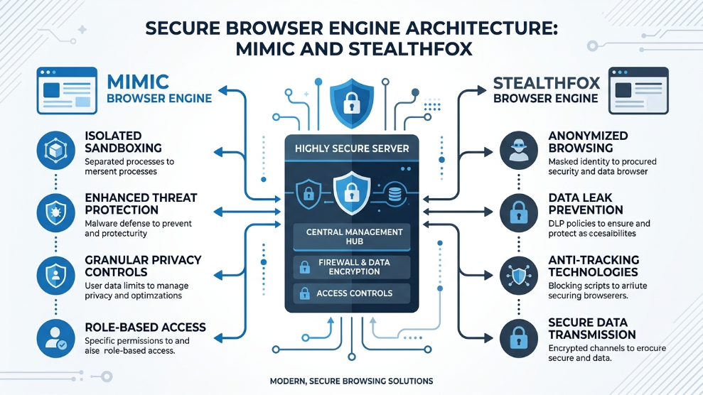 An infographic demonstrating Multilogin's dual custom browser engines, Mimic and Stealthfox.