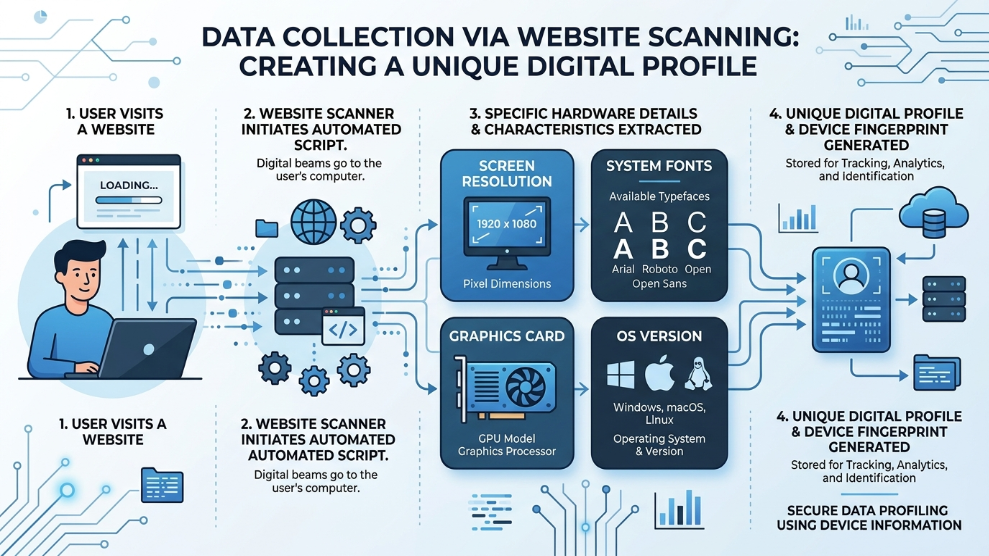 An infographic demonstrating how websites collect hardware and software data to create a unique browser fingerprint.