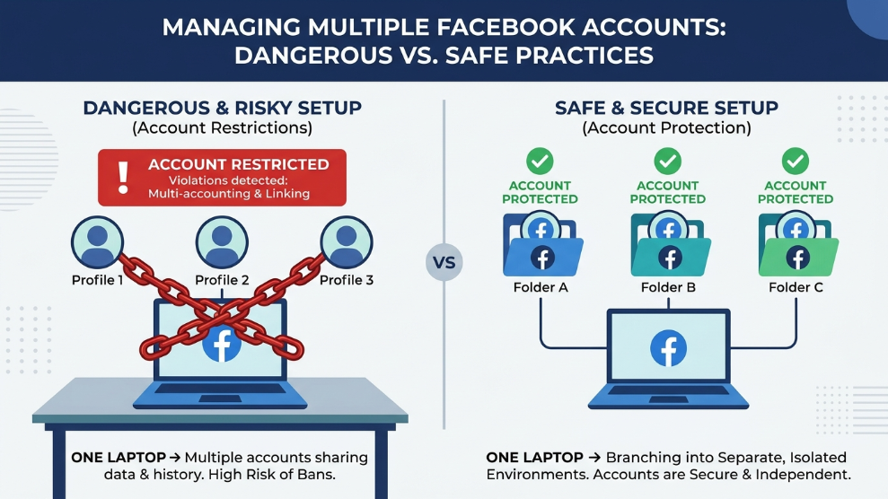An infographic demonstrating the danger of linked ad accounts versus safely isolating them with anti-detect technology.