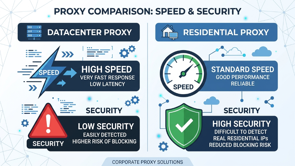 An infographic demonstrating the trade-off between the high speed of datacenter proxies and the high security of residential proxies.