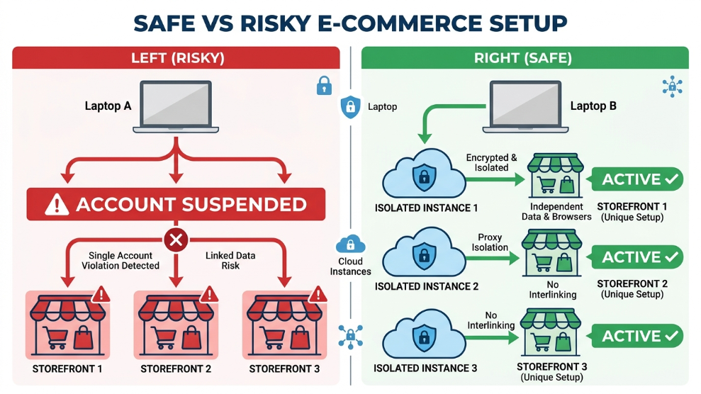 An infographic demonstrating the dangers of managing multiple e-commerce storefronts on the same device versus using isolated digital profiles.