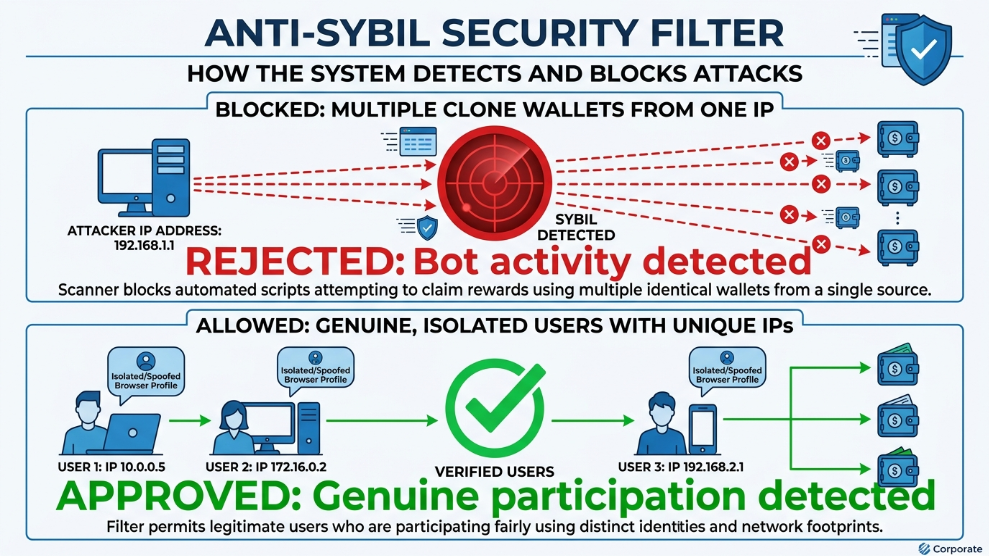 An infographic demonstrating how anti-detect browsers bypass anti-Sybil filters during cryptocurrency airdrops.