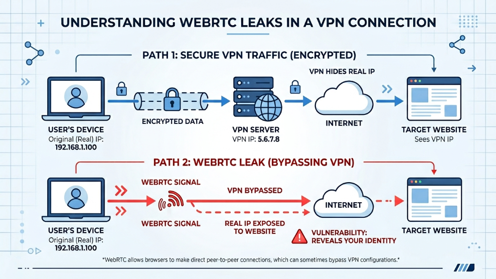 An infographic demonstrating how a WebRTC leak bypasses standard VPN and proxy protocols to expose a real IP address.