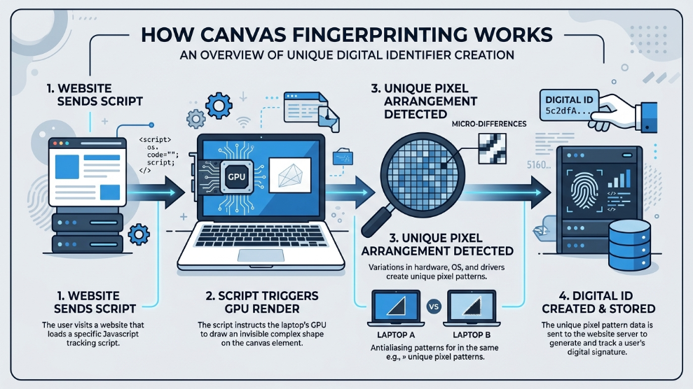 An infographic demonstrating the process of a website using a computer's GPU to generate a unique canvas fingerprint.