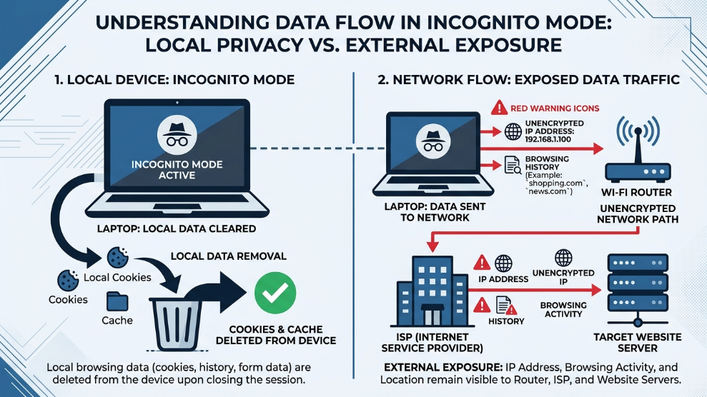 An infographic demonstrating how incognito mode clears local data but still exposes internet traffic to ISPs and network administrators.