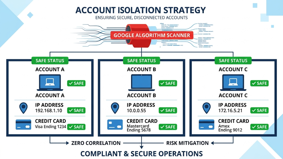 An infographic demonstrating the compartmentalization of hardware, IPs, and billing to prevent Google Ads suspensions.
