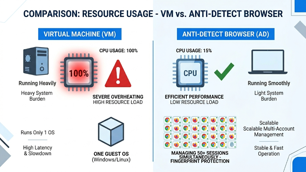 An infographic demonstrating the high resource consumption of Virtual Machines compared to the efficiency of Anti-Detect Browsers.