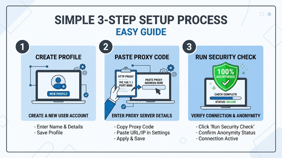 An infographic demonstrating the three essential steps to configure a new anti-detect browser profile safely.