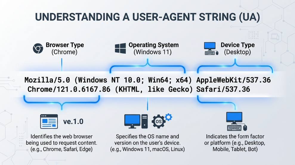 An infographic demonstrating the specific data elements contained within a standard User-Agent string.