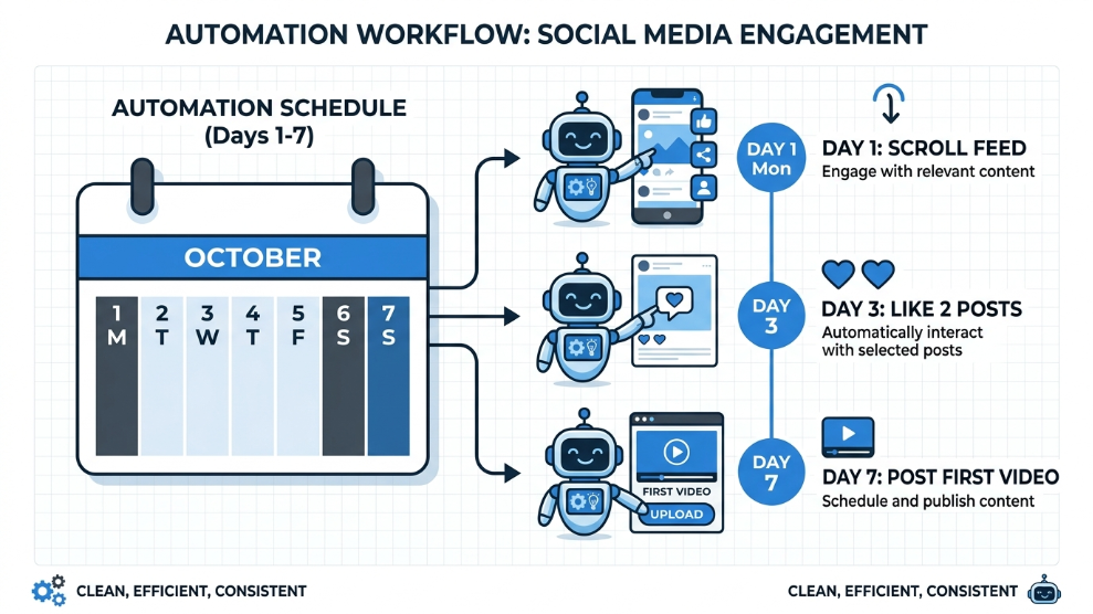 An infographic demonstrating a safe, multi-day automated warm-up schedule for new social media accounts.