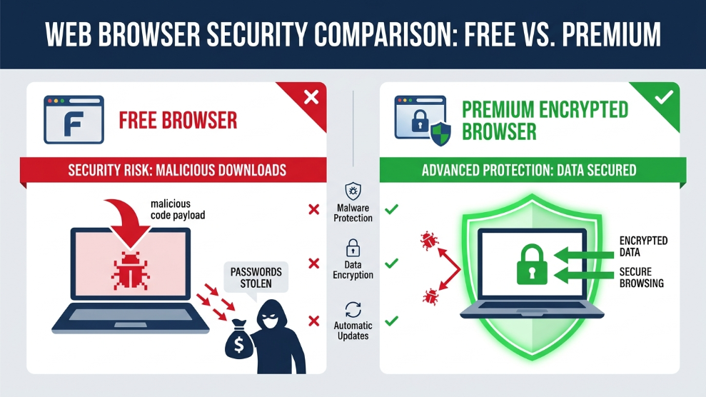An infographic demonstrating how free, cracked software often contains infostealer malware compared to secure, premium browsers.