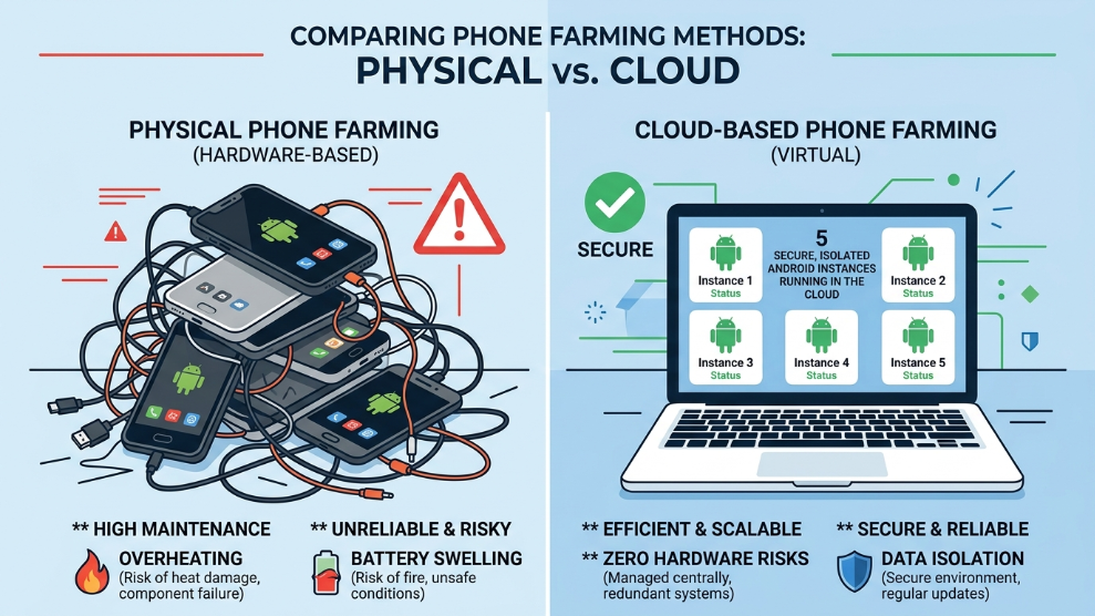 An infographic demonstrating the physical dangers of traditional phone farming versus the safety of cloud-based Android phones.