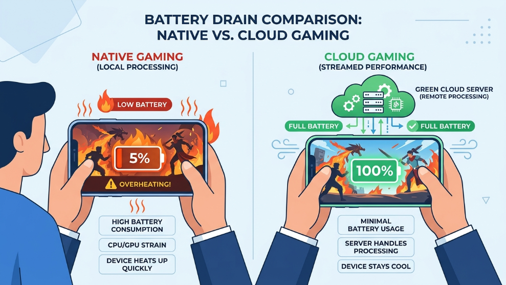 An infographic demonstrating how playing mobile games on Redfinger saves physical battery life and prevents device overheating.
