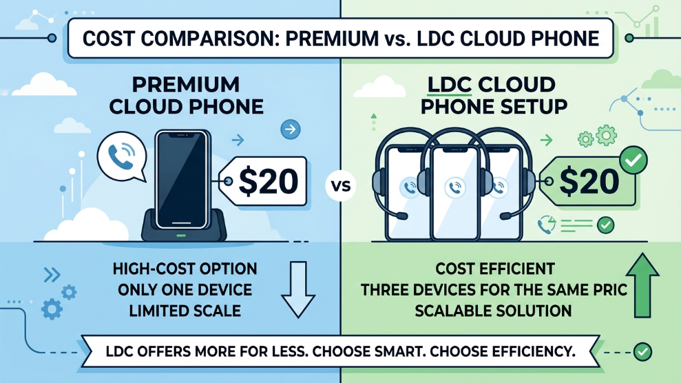 An infographic demonstrating the massive cost savings and multi-device efficiency of using LDC Cloud Phone.