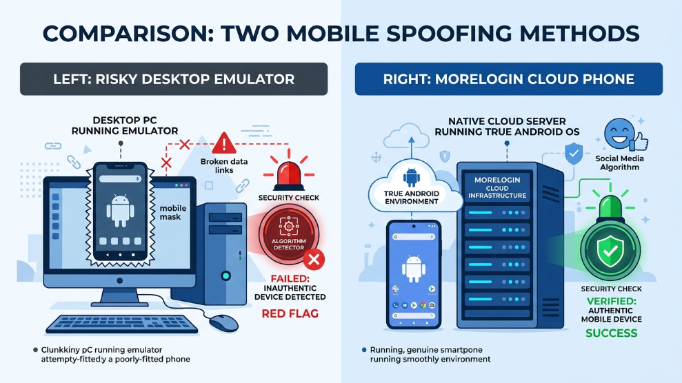 An infographic demonstrating the security difference between basic desktop mobile emulation and a native MoreLogin Cloud Phone environment.