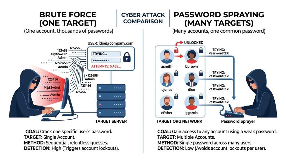 An infographic comparing brute force attacks vs password spraying attacks.