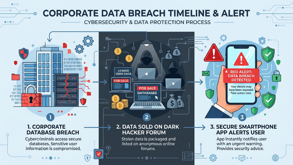 An infographic demonstrating the journey of a leaked password from a data breach to a dark web marketplace.