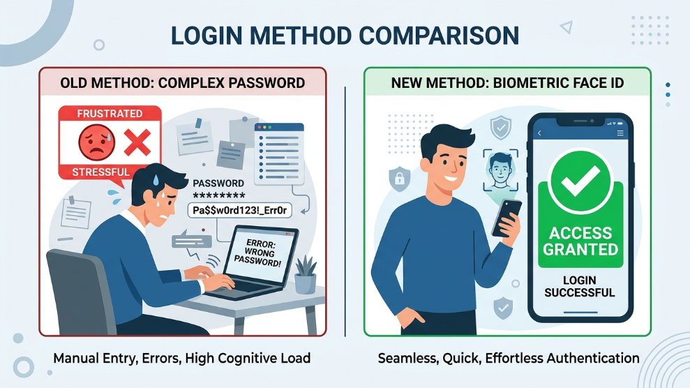 An infographic demonstrating the ease of using passkeys with biometric logins compared to typing traditional passwords.