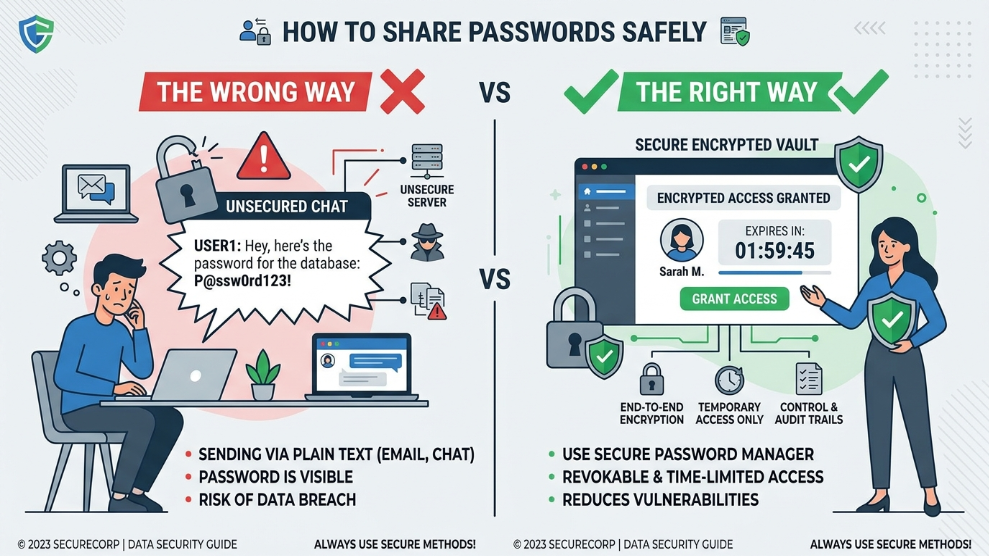 An infographic demonstrating the dangers of sharing passwords over chat versus using an encrypted digital vault.