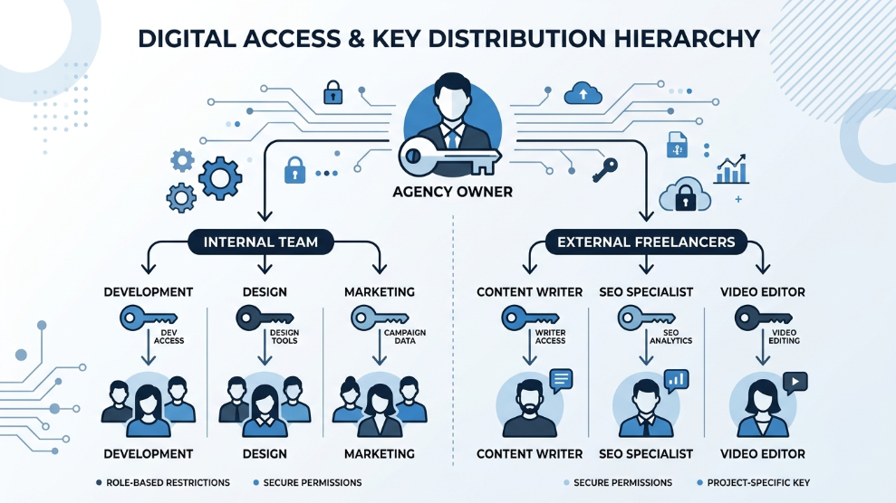 An infographic demonstrating Role-Based Access Control (RBAC) in a small B2B agency.