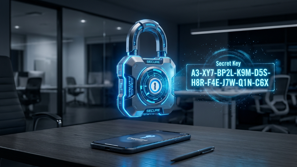 A futuristic padlock and digital Secret Key representing 1Password's dual-layer encryption security.