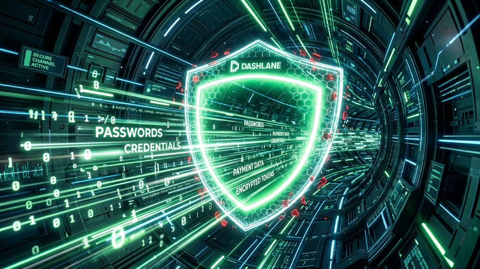 A 3D illustration of a secure digital shield and data tunnel representing Dashlane's encrypted password vault and VPN.