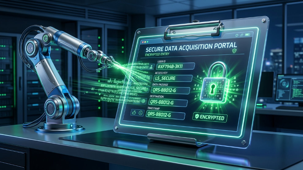 A 3D illustration of an automated digital form being securely filled, representing RoboForm's advanced form-filling technology.